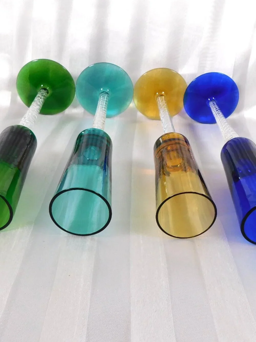 Lot of Four Stemmed Cordial Glasses with Twisted Glass Stems # 25970